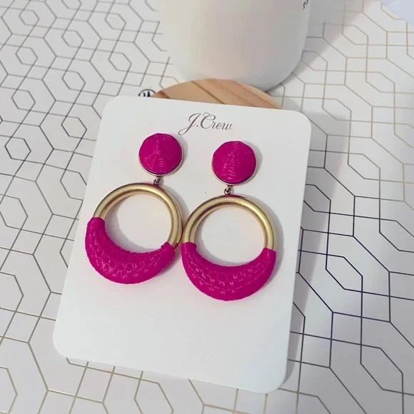 JCREW Faux- Raffia Wrapped Hoop Earrings NWT Vivid Begonia - Picture 3 of 7